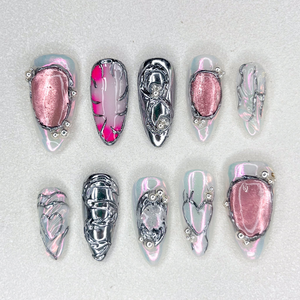 Chrome Melted Heart Nails