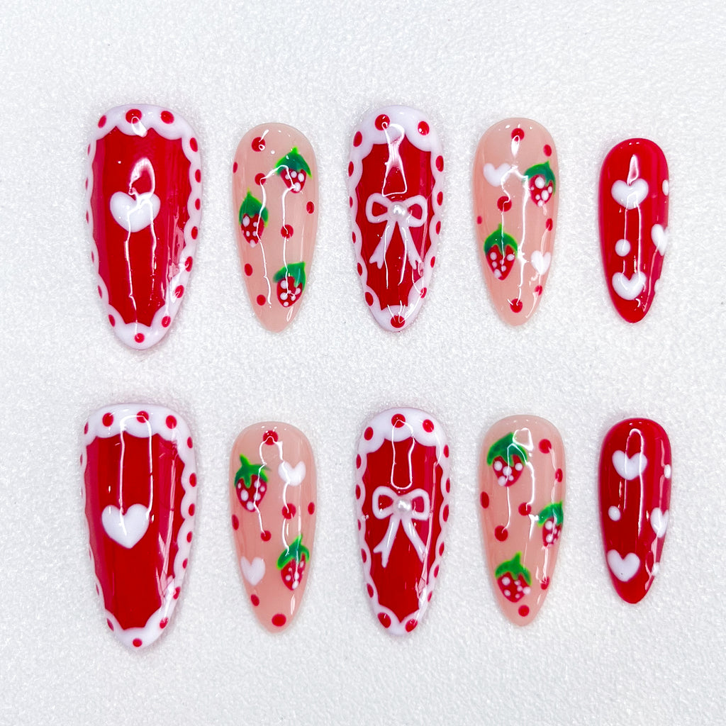 Strawberry Coquette Hearts Nails