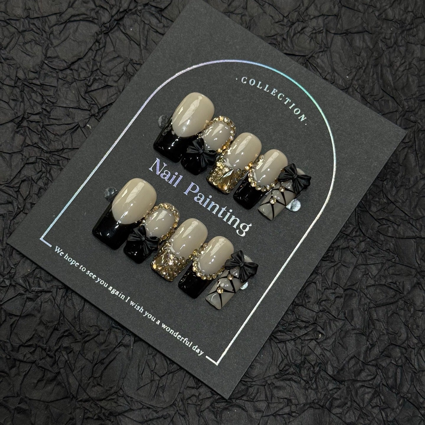 Noir Bow Crystal French Nails