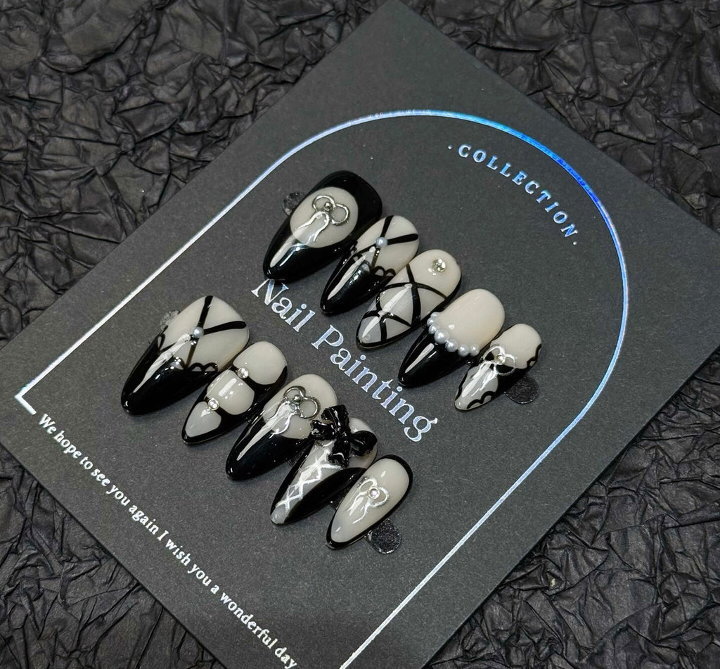 Noir Coquette Lace French Nails